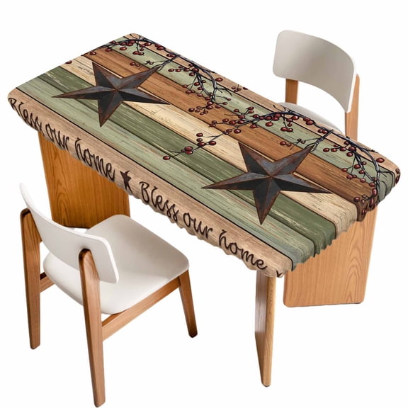 Texas Star Vintage Table Cloths for 5 Foot Rectangle Tables, Berry Sage Green Brown Wooden Patio Waterproof Elastic Fitted Tablecloths, Washable Rectangular Table Cover for Camping