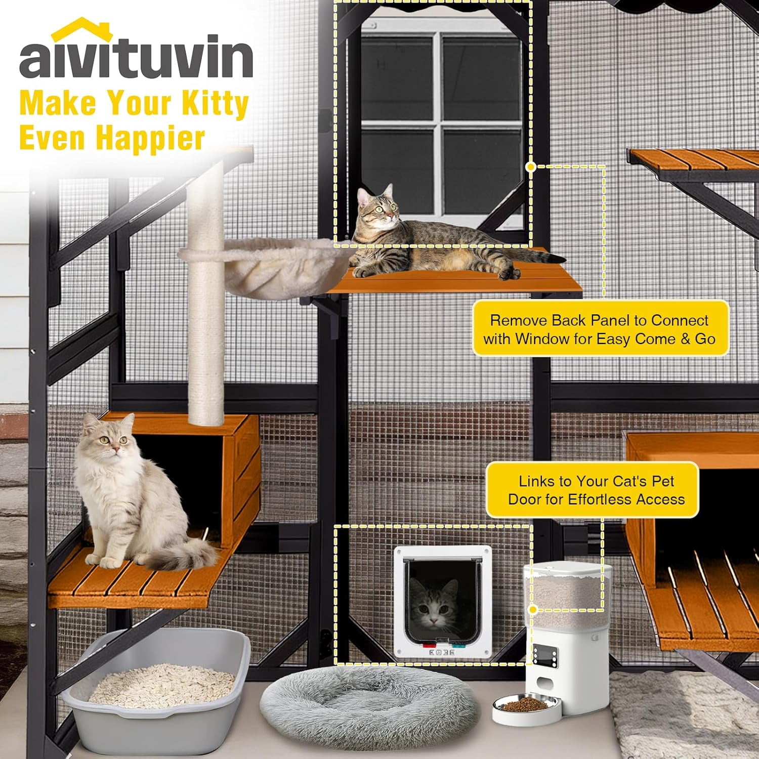Aivituvin Catio Outdoor Cat Enclosure Large Cat House for Mulitiple Cats Walk in Kitty Cage with Tarp Roof 70" Black