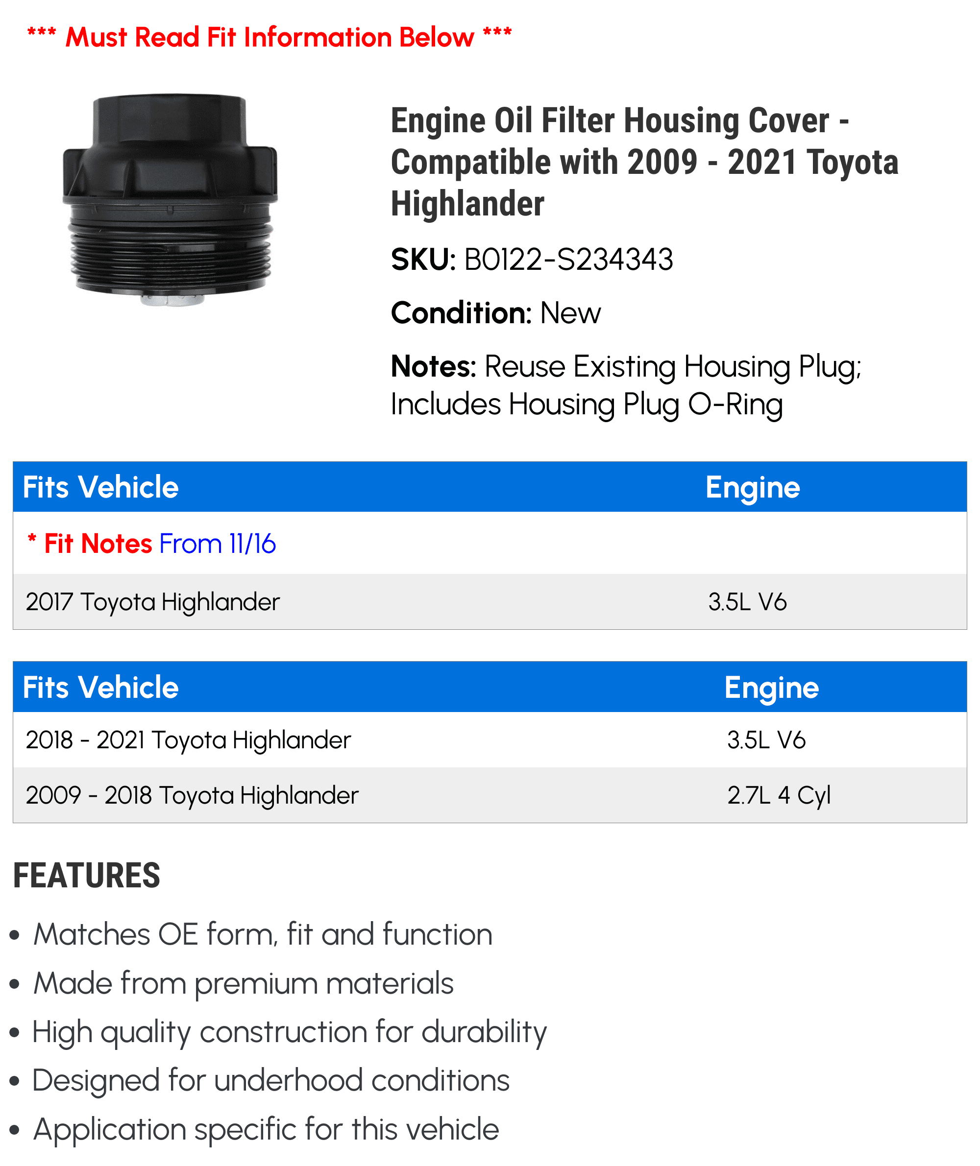 Engine Oil Filter Housing Cover - Compatible with 2009 - 2021 Toyota Highlander 2010 2011 2012 2013 2014 2015 2016 2017 2018 2019 2020