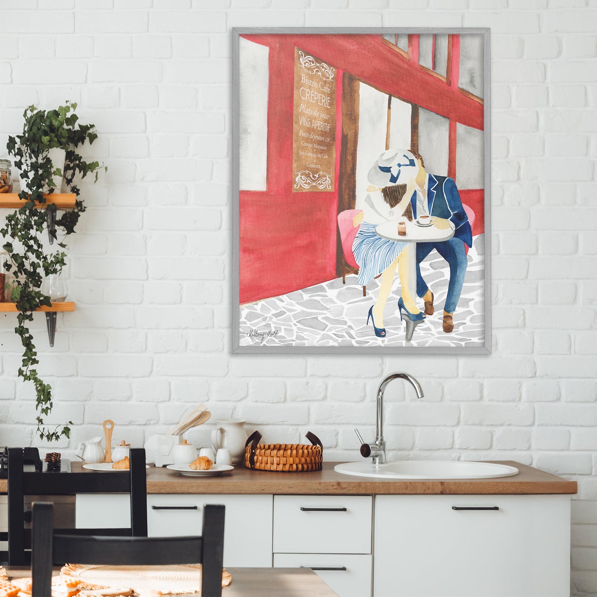 Stupell Industries Kiss At Parisian Cafe Gray Framed Giclee Art, design by Hillary Holt