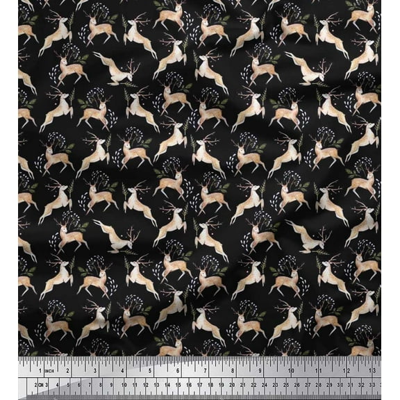 Soimoi Cotton Duck Fabric Leaves & Reindeer Animal Print Sewing Fabric Yard 42 Inch Wide