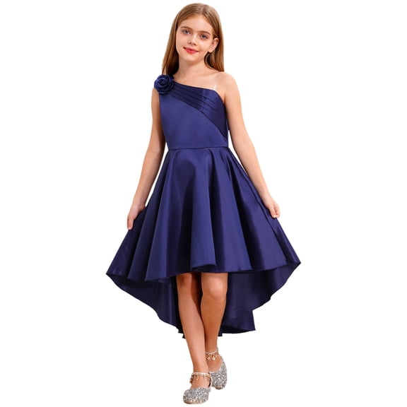 TiaoBug Kids Girls One Shoulder Flower Girl Wedding Bridesmaid Dress Sleeveless Princess High Low Dresses Navy Blue 10