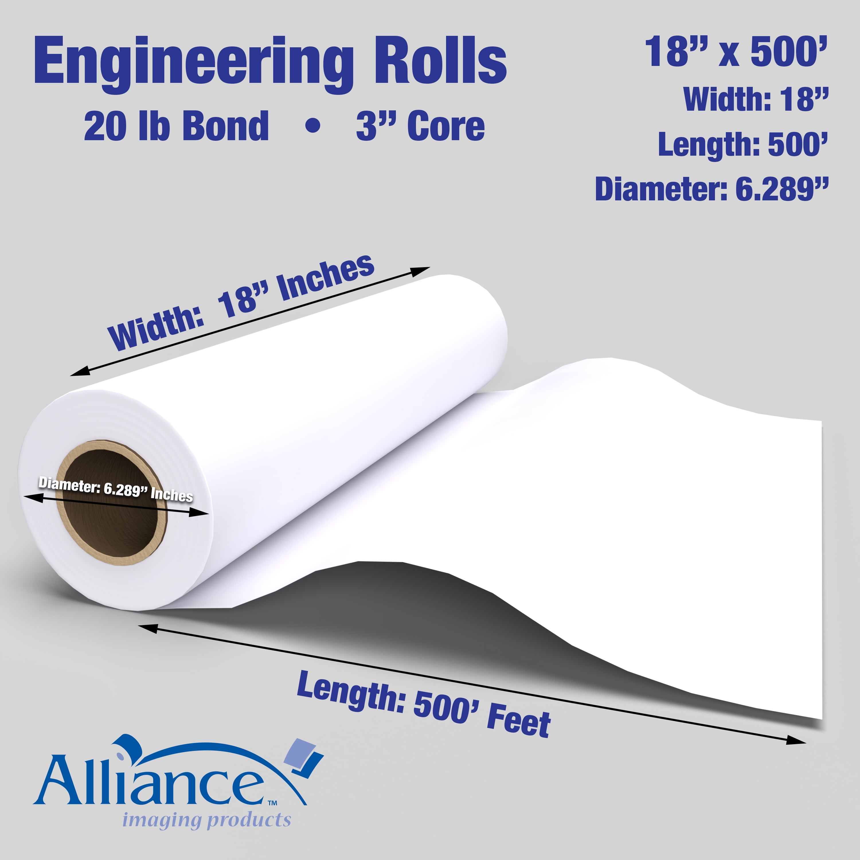 Alliance Wide Format Paper 18” x 500’ Bond Engineering 20lb | 92 Bright | 2 Rolls | 3” Core