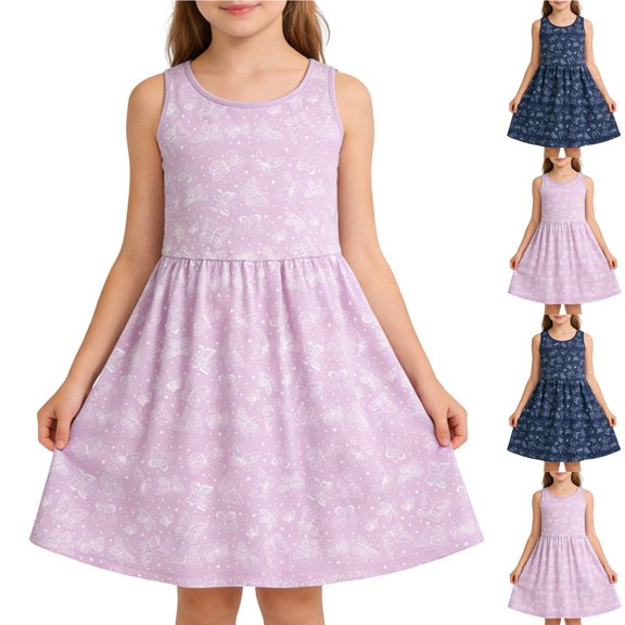 Piuwrlz Girls Casual Play Dresses Girl Summer Plain Dress New Cotton Princess Skirts Navy Size 5-6Years