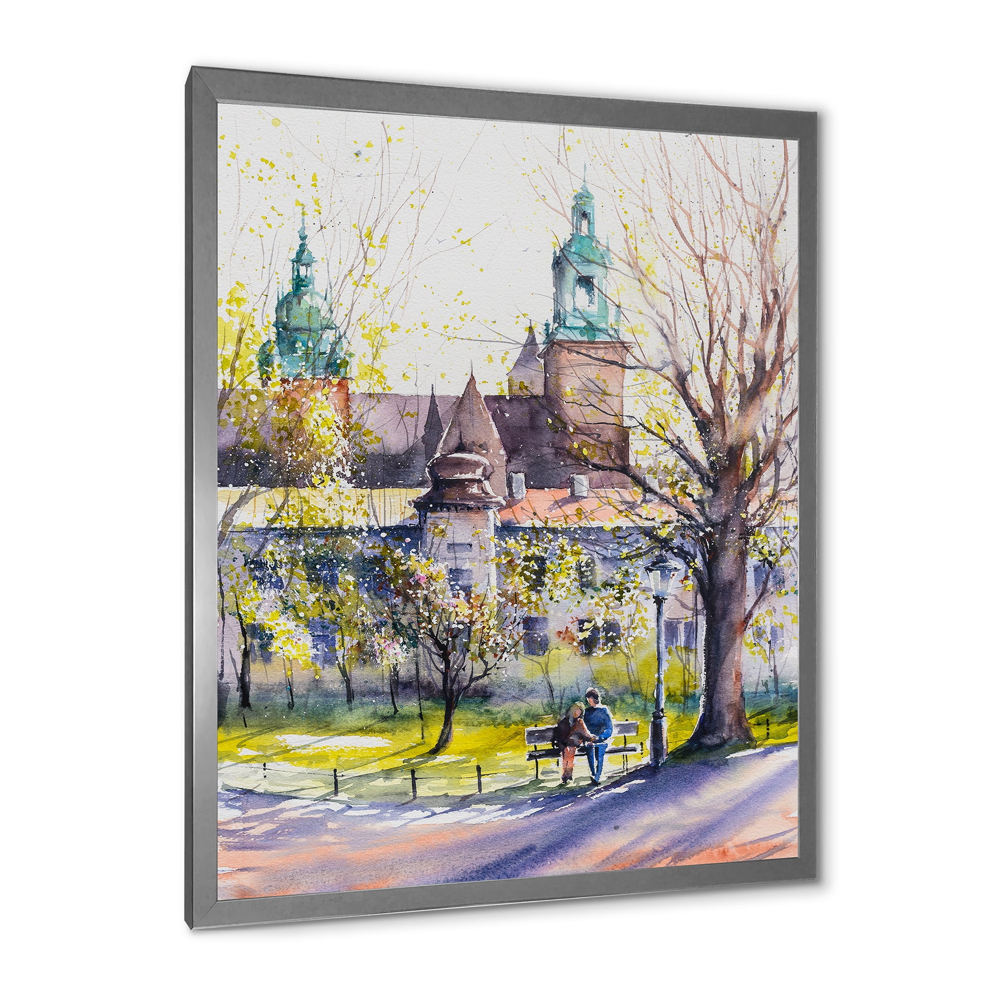 Designart 'Castel Through The Trees of The Park With Couple Sitting on Bench' Country Framed Art Print