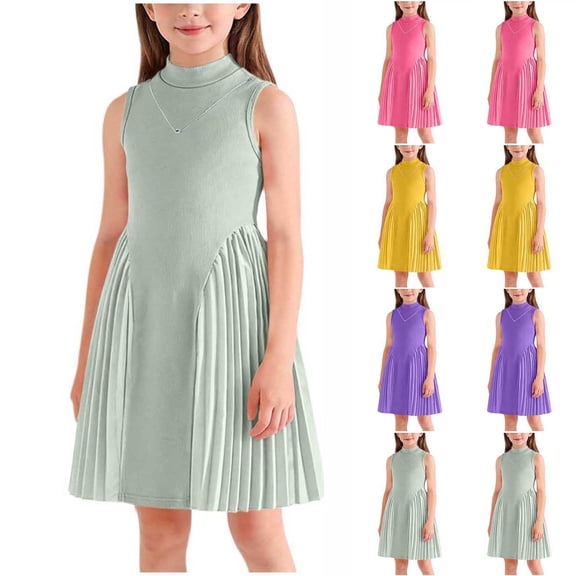 Miluxas Girl's Summer Sleeveless Mini Dress Turtleneck A Line Pleated Swing Casual Basic Short Dress Yellow 4-5 Years