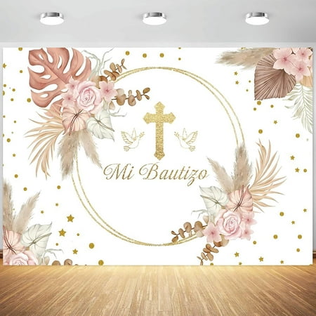 Mi Bautizo Backdrop God Bless Baptism First Holy Communion Boho Flowers Photography Background Baby Shower Party Banner Decoration Supplies Photo Booth Props