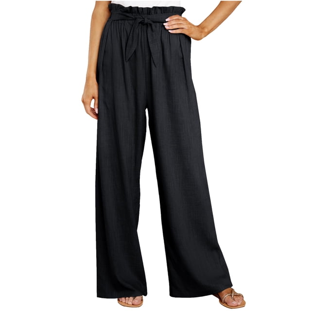 Pantalones Largos de Pierna Ancha Informales de Algodón Sólido Con Cordón de Lino Y Cintura Elástica Para Mujer Odeerbi ODB-6