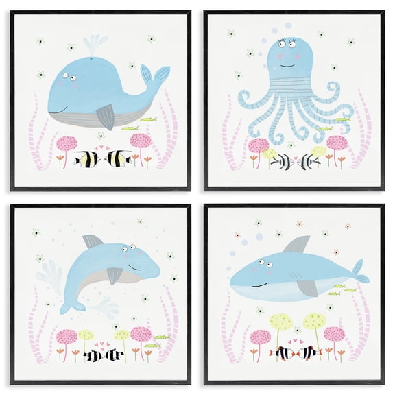 Stupell Industries Floral Baby Sea Creatures 4 Piece Black Framed Giclee Art Set, design by Carla Daly, 12 x 12