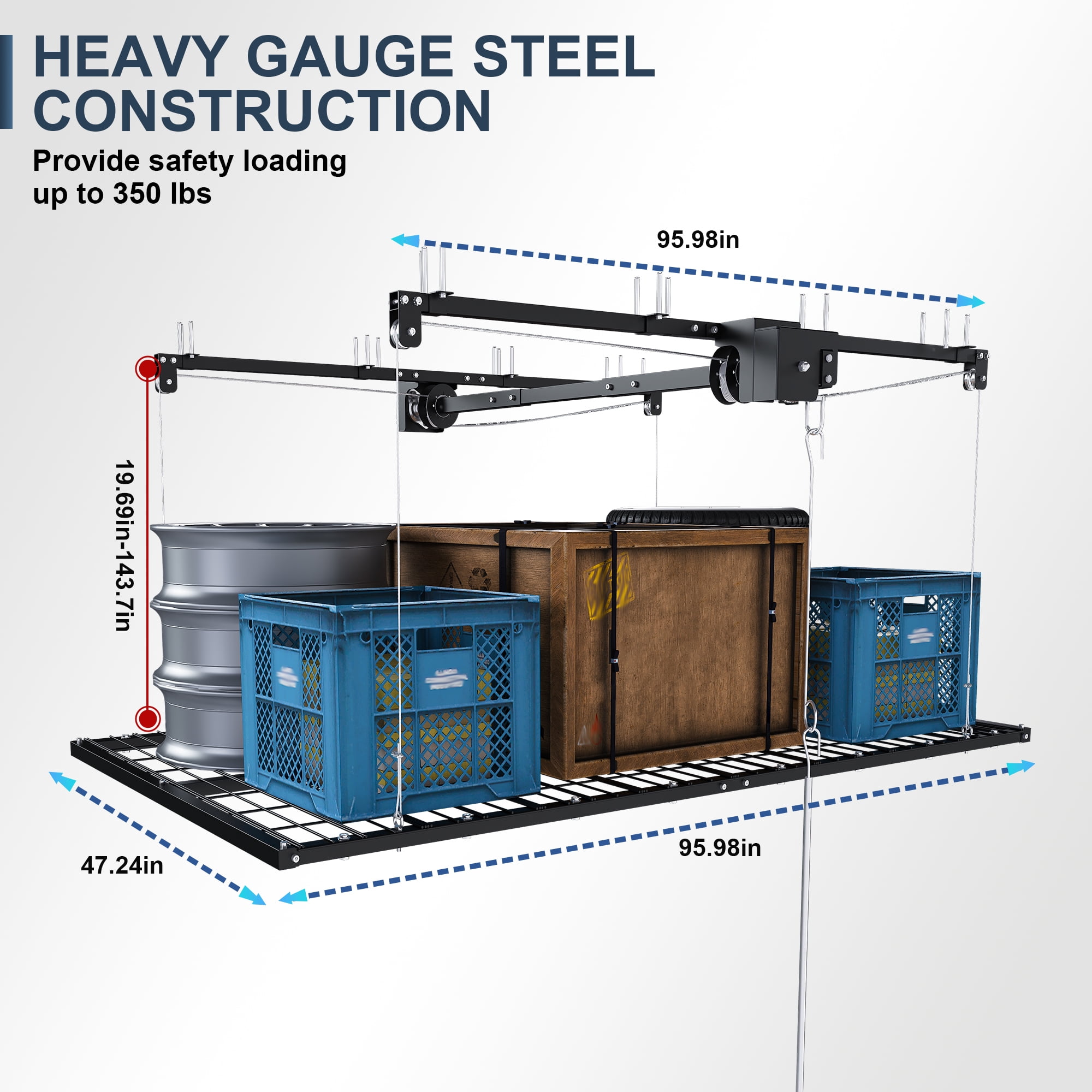 Aukfa 4x8 ft Ceiling Mounted Garage Storage Rack with Crank-Down System, 325 lbs Heavy Duty Overhead Storage Lift for Tires & Tools, Black