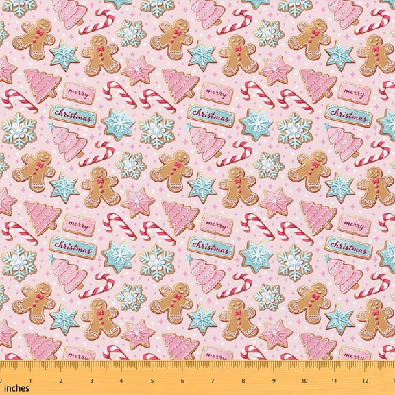 Manfei Cartoon Christmas Fabric by the Yard 1 Yard, Kawaii Gingerbread Snowflakes Home Decor Fabric by the Yard, Cream Pink