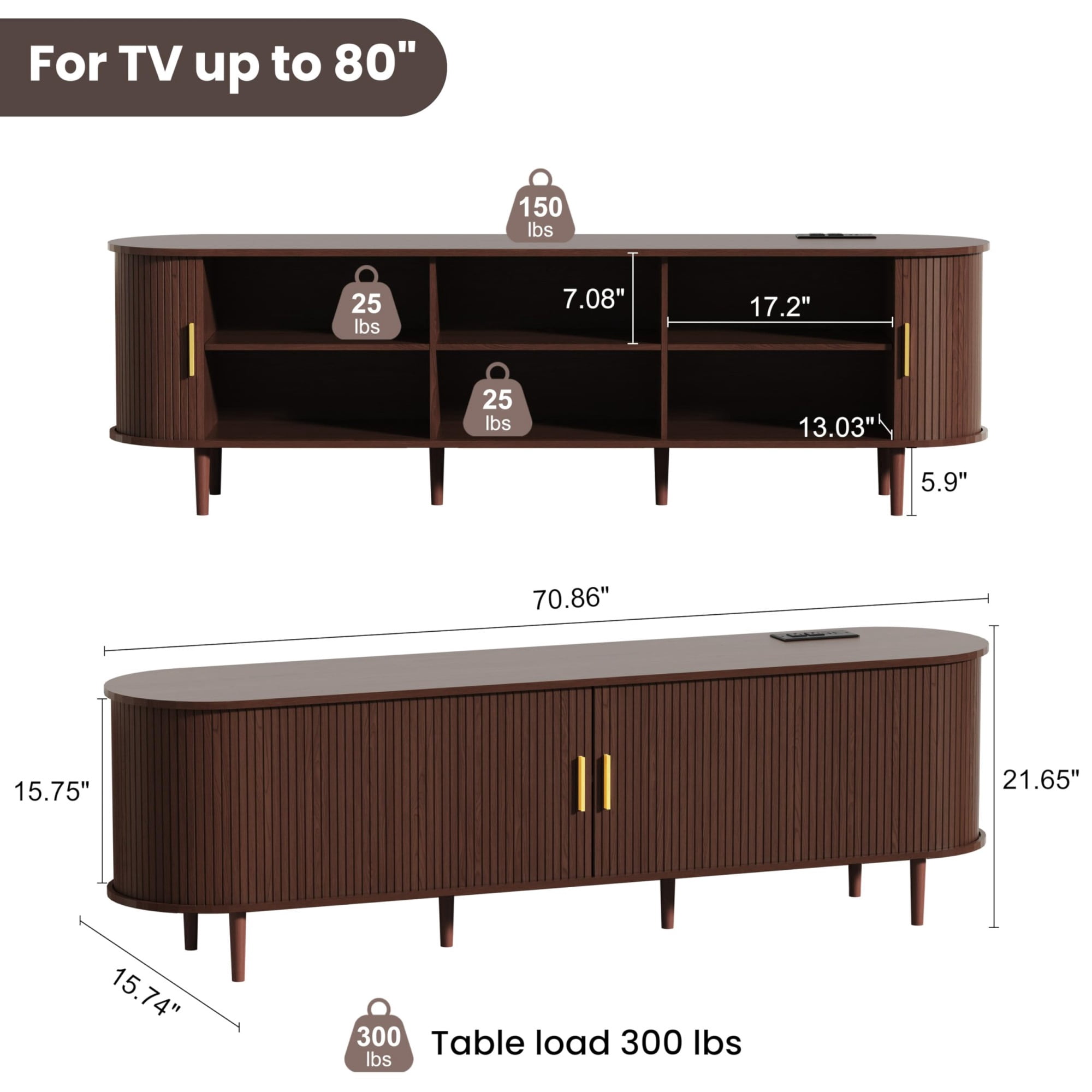 70.8 Inch Mid Century Modern TV Stand with Power Outlet, Fluted Media Console with Sliding Doors for TVs up to 80 Inch, Walnut