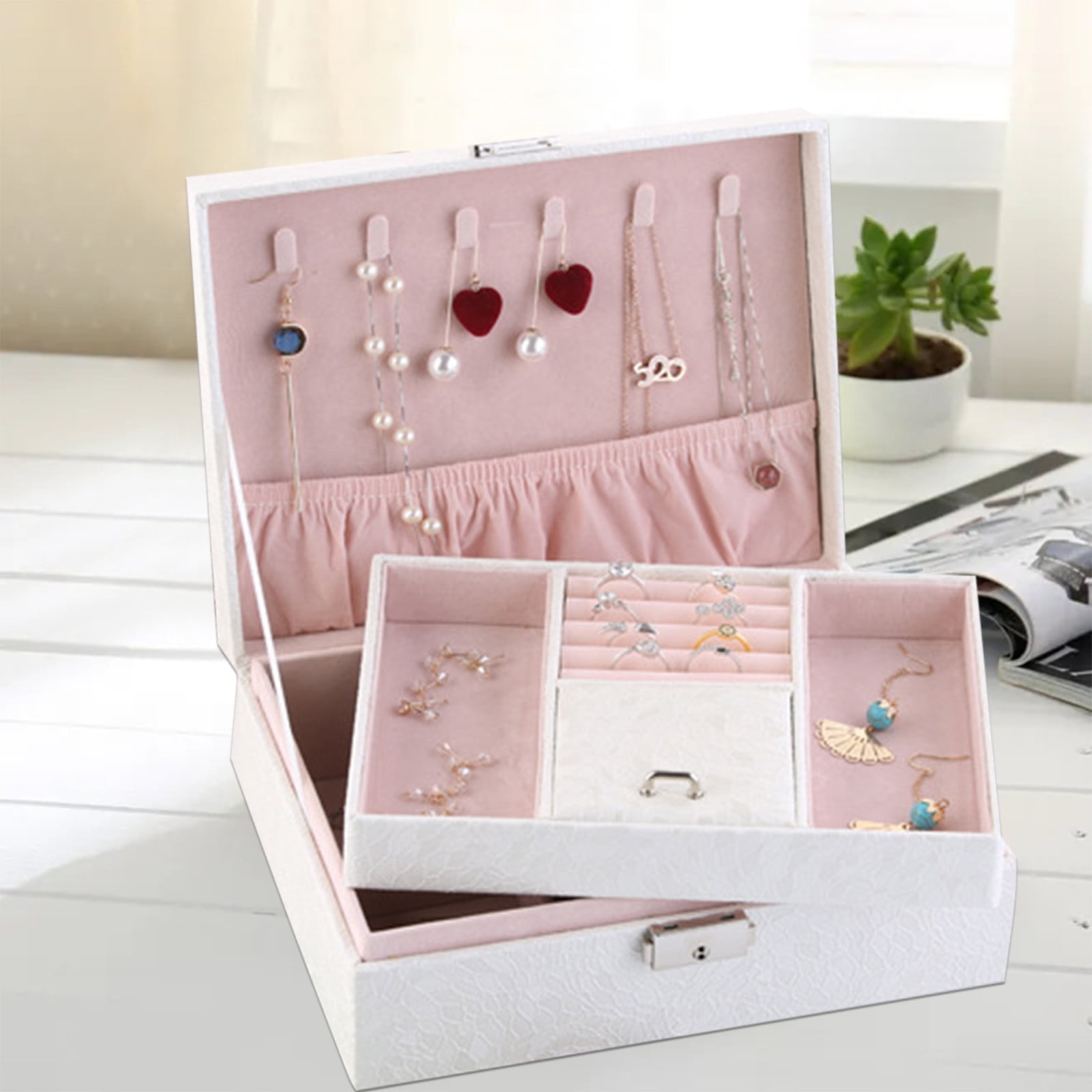 Jubipavy Jewelry Box With Lock Jewelry Organizer Storage Case With 2-Layers Display For Earrings Bracelets Rings Watches
