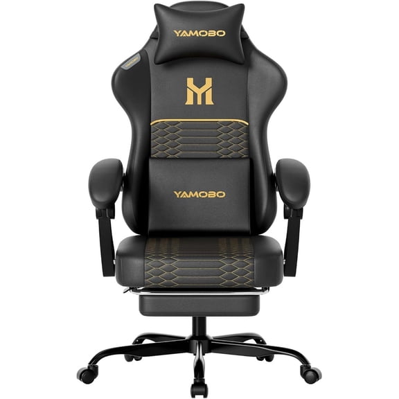 Gaming Chair with Footrest, PU Leather, Black, Ergonomic Support with Adjustable Lumbar and Headrest Massage for Office, Gaming, and Study