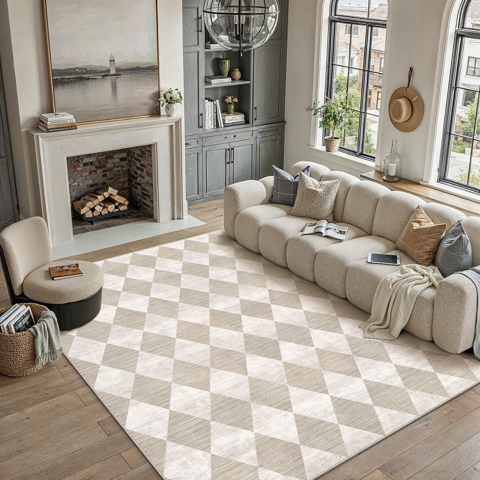 BERTHMEER 8'x10' Area Rugs for Living Room Modern Rhombus Checkered Rug Dining Room Bedroom Kitchen Non Slip Washable Farmhouse Office Geometric Contemporary Rugs Carpets,Beige