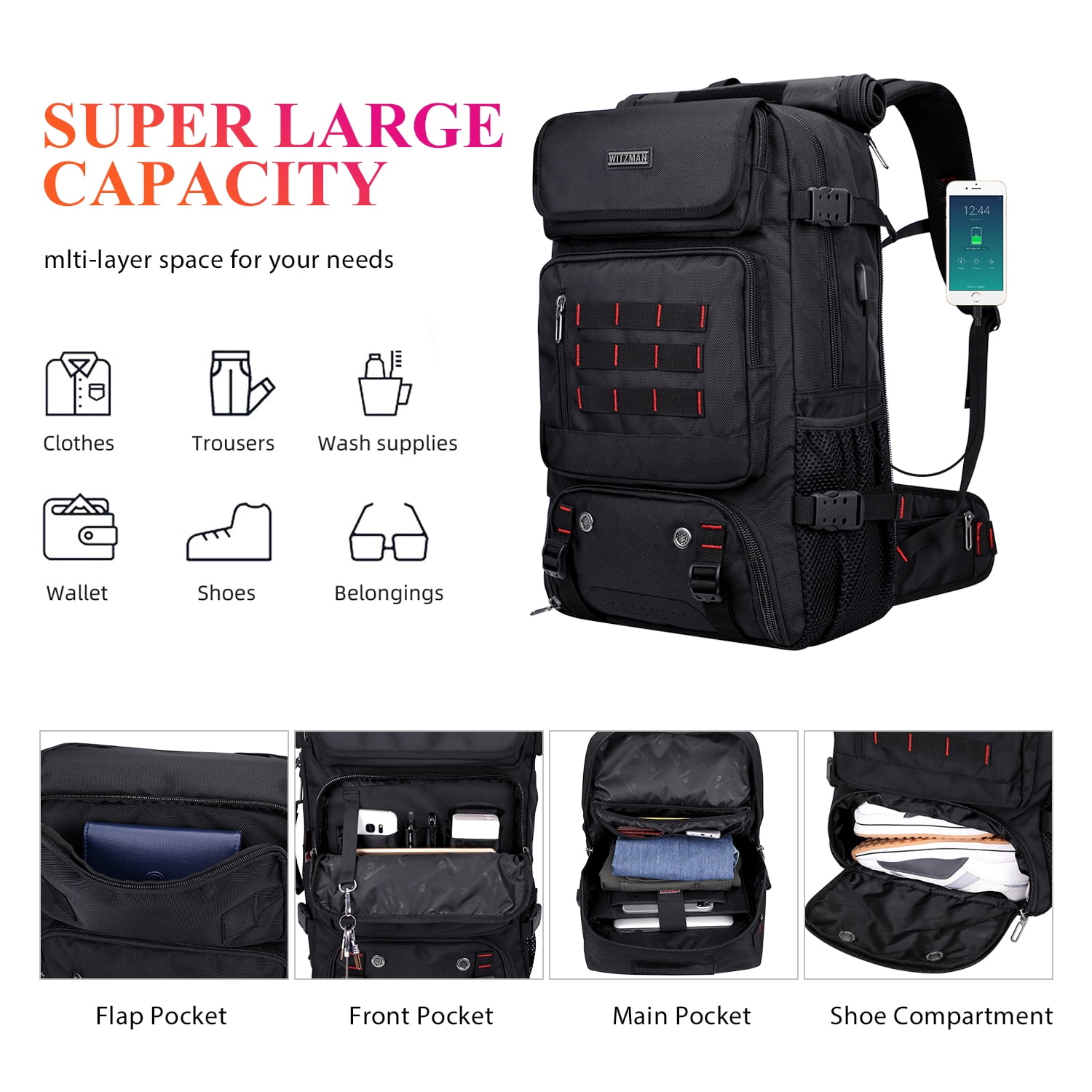 WITZMAN Carry on Travel Backpack for Men Airline Approved Convertible Nylon Duffle Backpack Luggage Bag(B682 Black)
