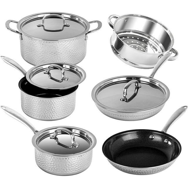 Granitestone 10-piece nonstick hammered stainless steel cookware set featuring pots, pans, steamer insert, glass lids, and stay cool handles