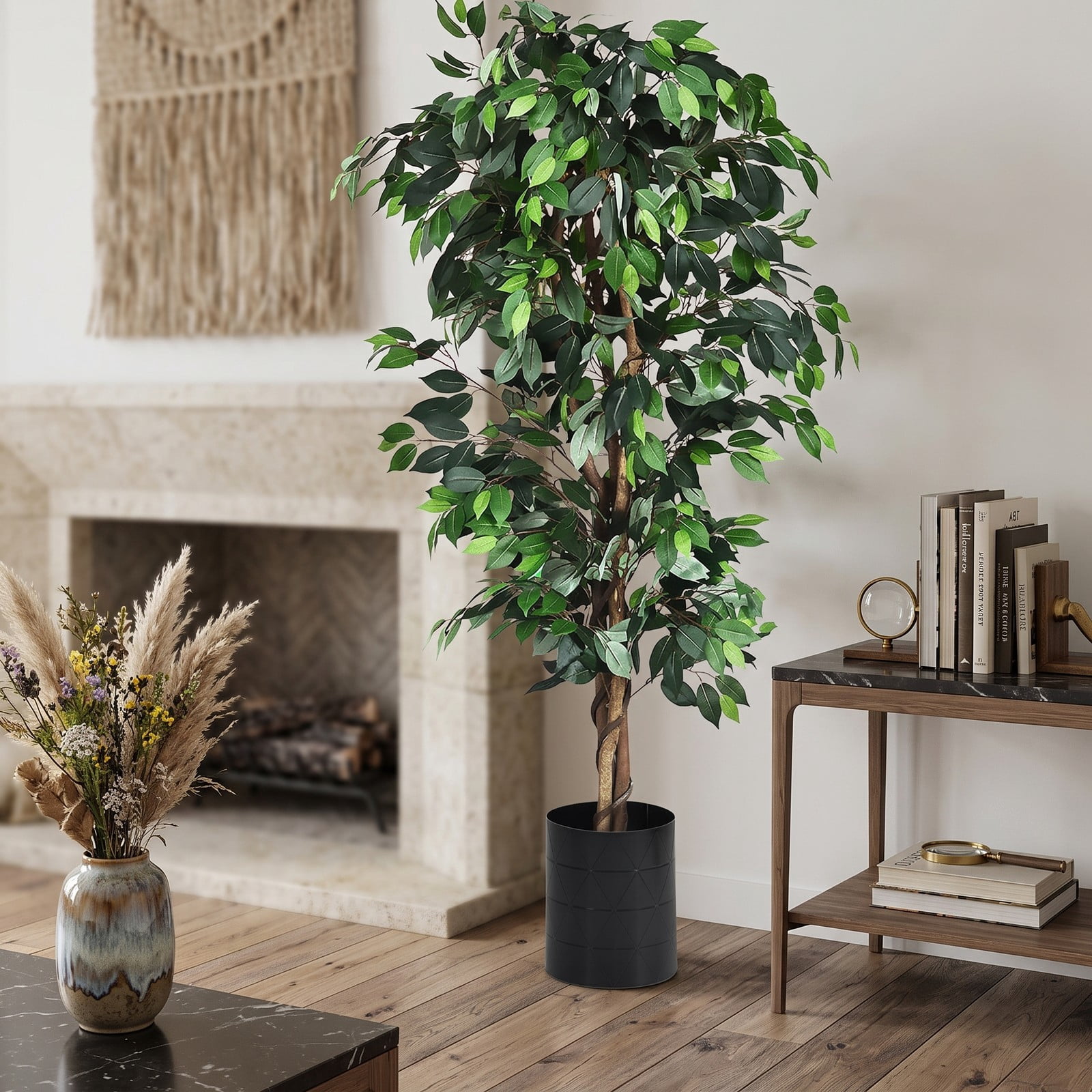 ALPULON 6 Feet Artificial Ficus Silk Tree, 71 Inch Faux Ficus Plant with 1008 Leaves and Cement Base Paper Pot for Home Office Entryway Living Room Decor, Green
