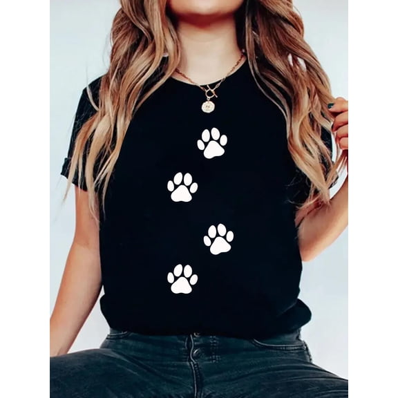 Cotton Paw Print Dog Cat Pet Lover T-Shirt Small Women's Graphic Tee Casual Tops