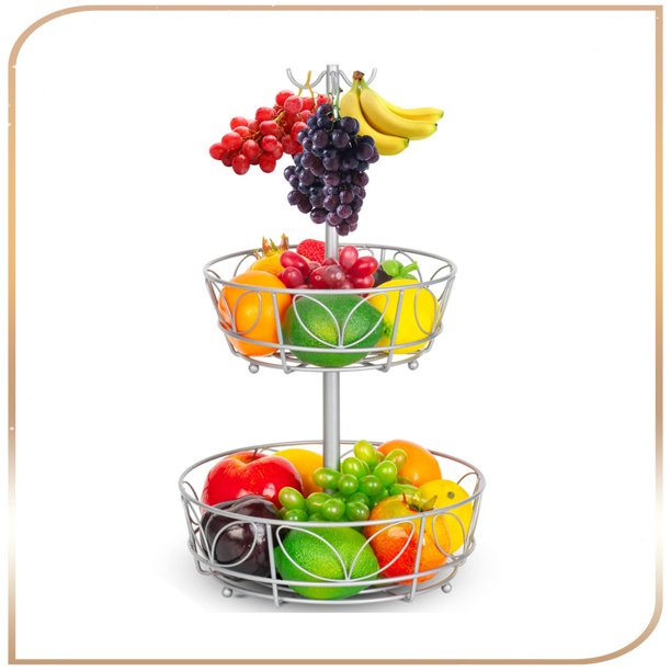 2 Tier Metal Fruit Basket Holder with Banana Tree, Fruit Holder for