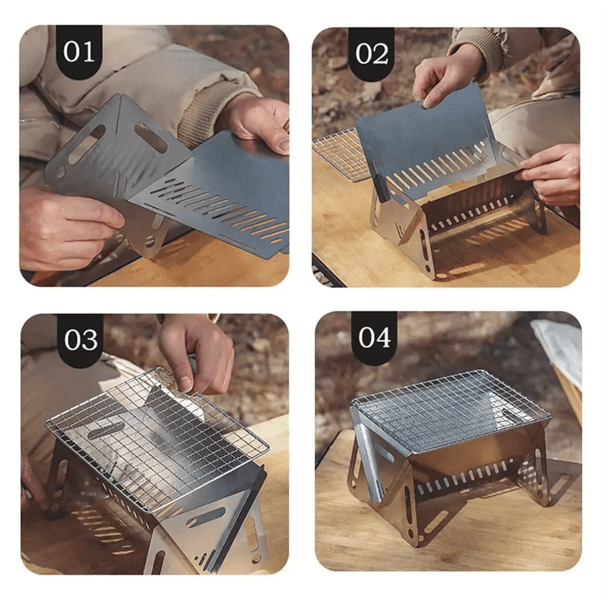 Portable Folding BBQ Grill Stainless Steel Wood-Burning Camping Stove Mini Charcoal Grill Outdoor Camping BBQ Equipment