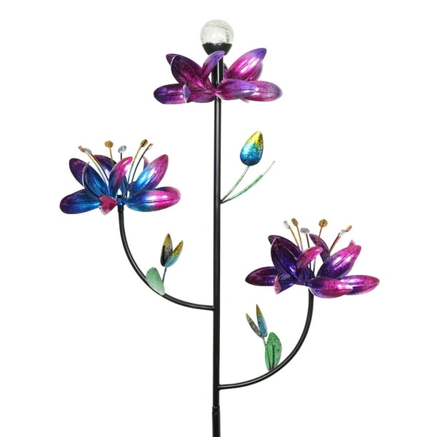 Exhart Triple Flower Wind Spinner Garden Stake with Solar Color