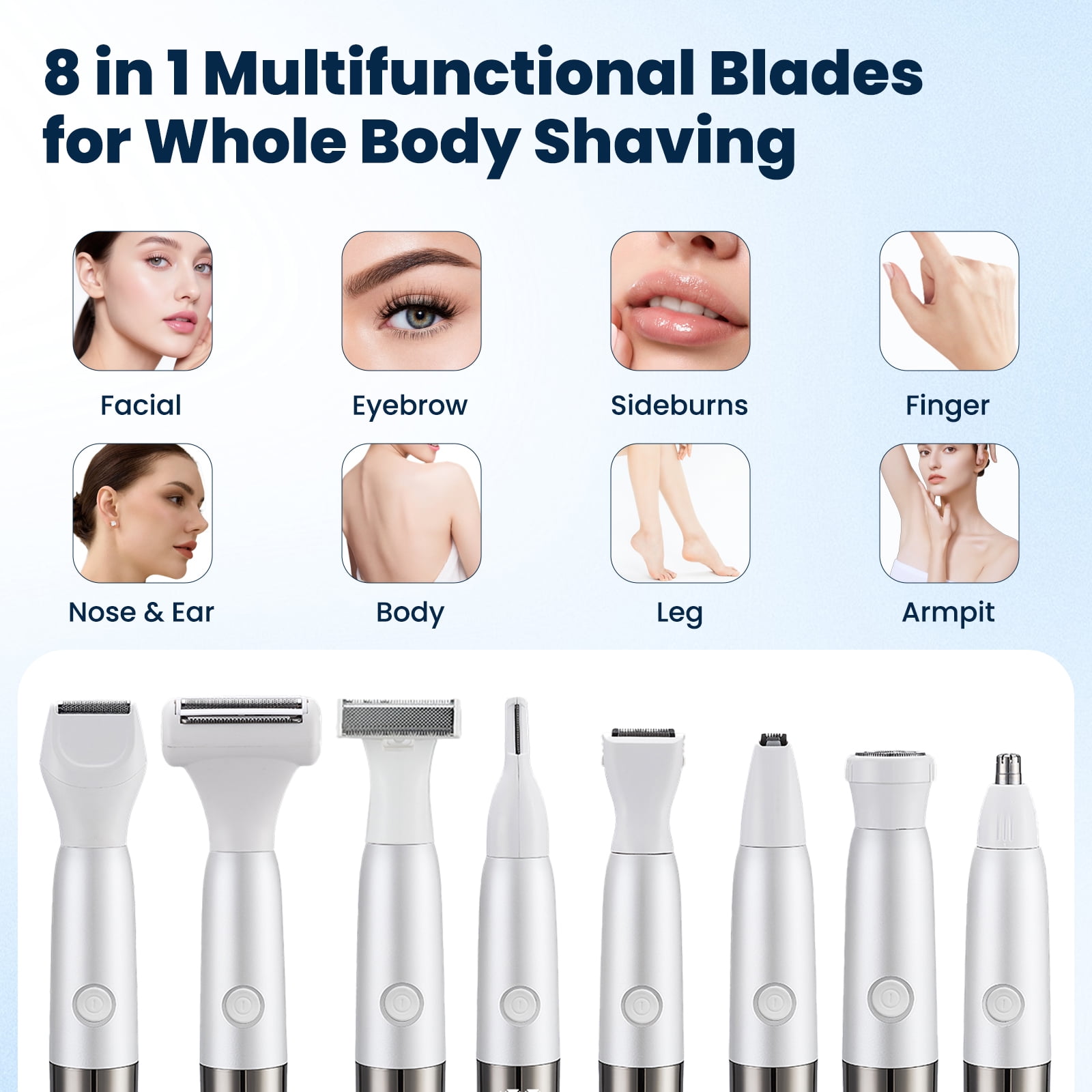 MTUYELI Electric Razor for Women - 8 in 1 Personal Replaceable Facial Eyebrow Razors & Nose Hair Trimmer, Wet Dry Bikini Trimmer, White
