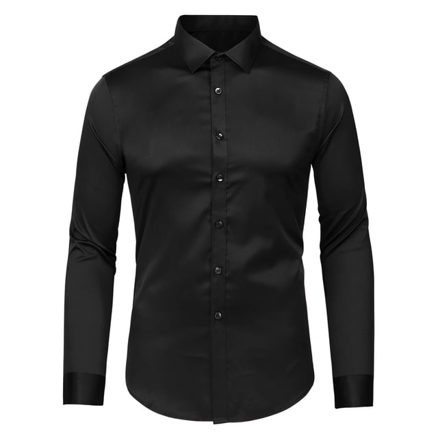 Camisa de vestir negra para hombre, manga larga sólida, cuello abotonado, camisas ajustadas, extragrande Unique Bargains Camisa