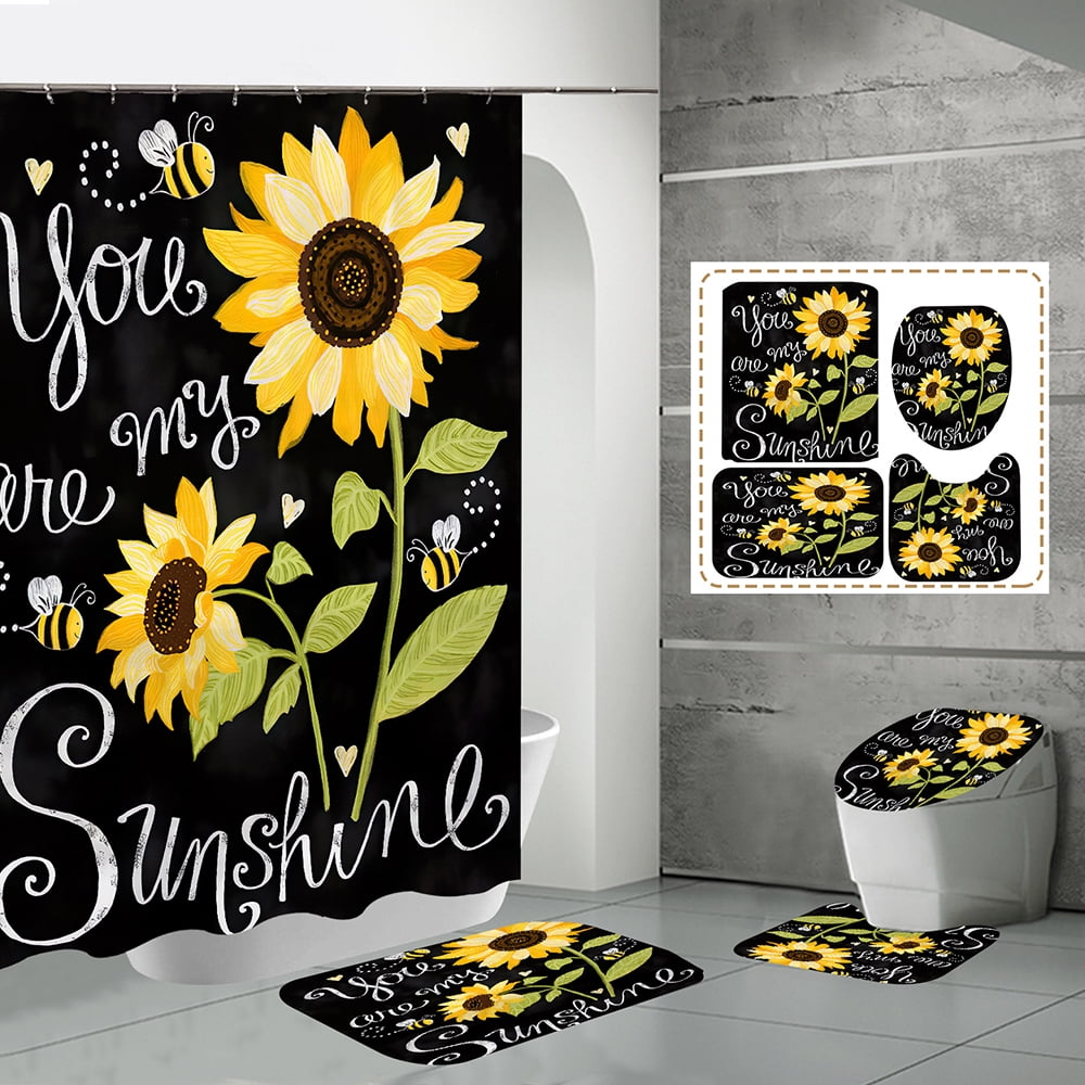US Sunflower Shower Curtain Bathroom Bath Mat Anti-Slip Pedestal Rug Lid Cover 