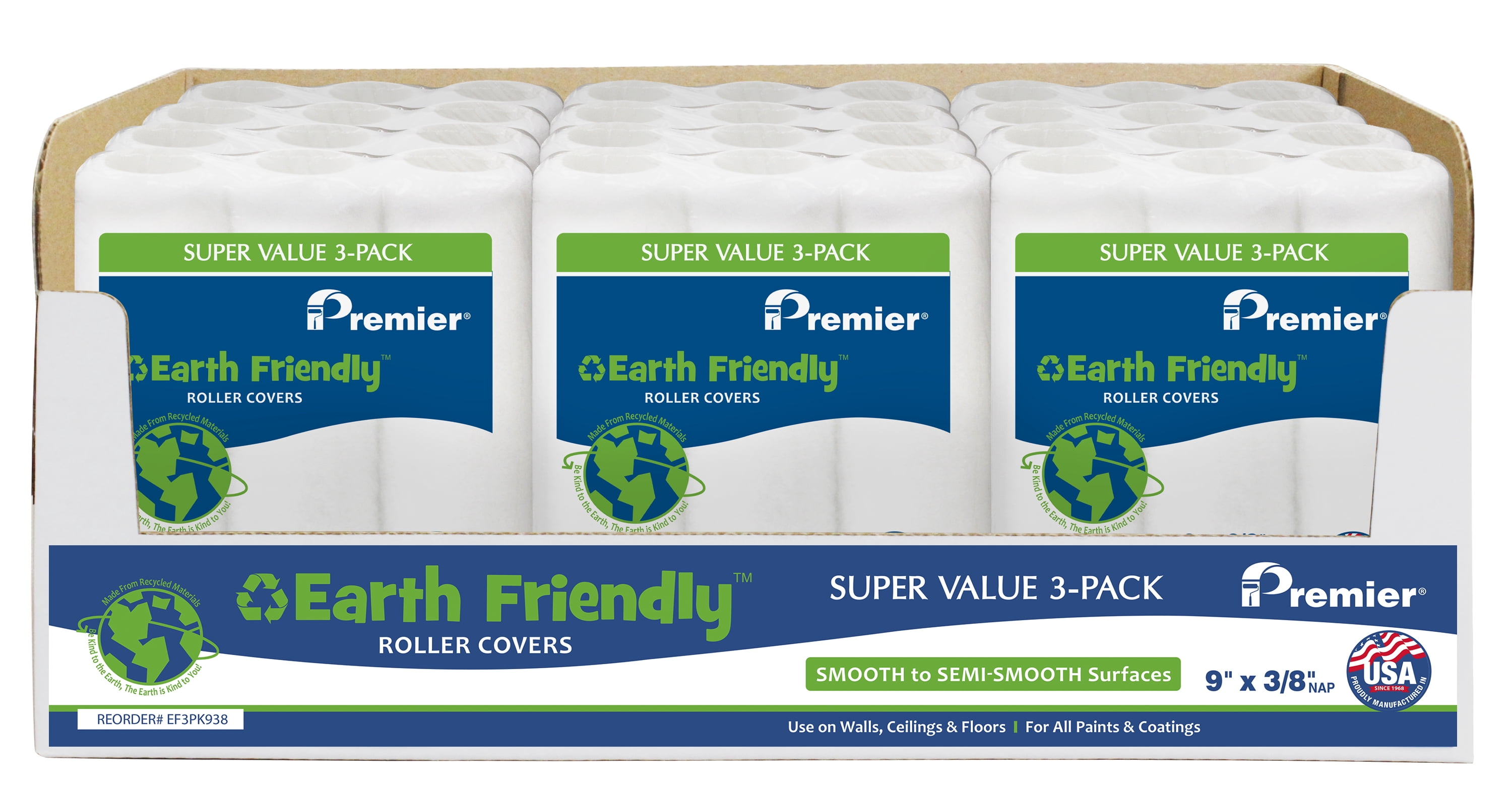 Premier Paint Roller 3-Pack 9" X 3/8" Earth Friendly Fabric Roller Covers