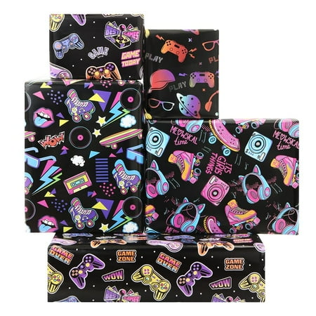 80s 90s Wrapping PriNst Paper for Boy Girl Kids, Graffiti Video Game Electronic Music Birthday Wrapping Paper, 4 Sheets Folded Flat 28x20 inch Gift Paper for 90s 80s Neon Retro Birthday Party