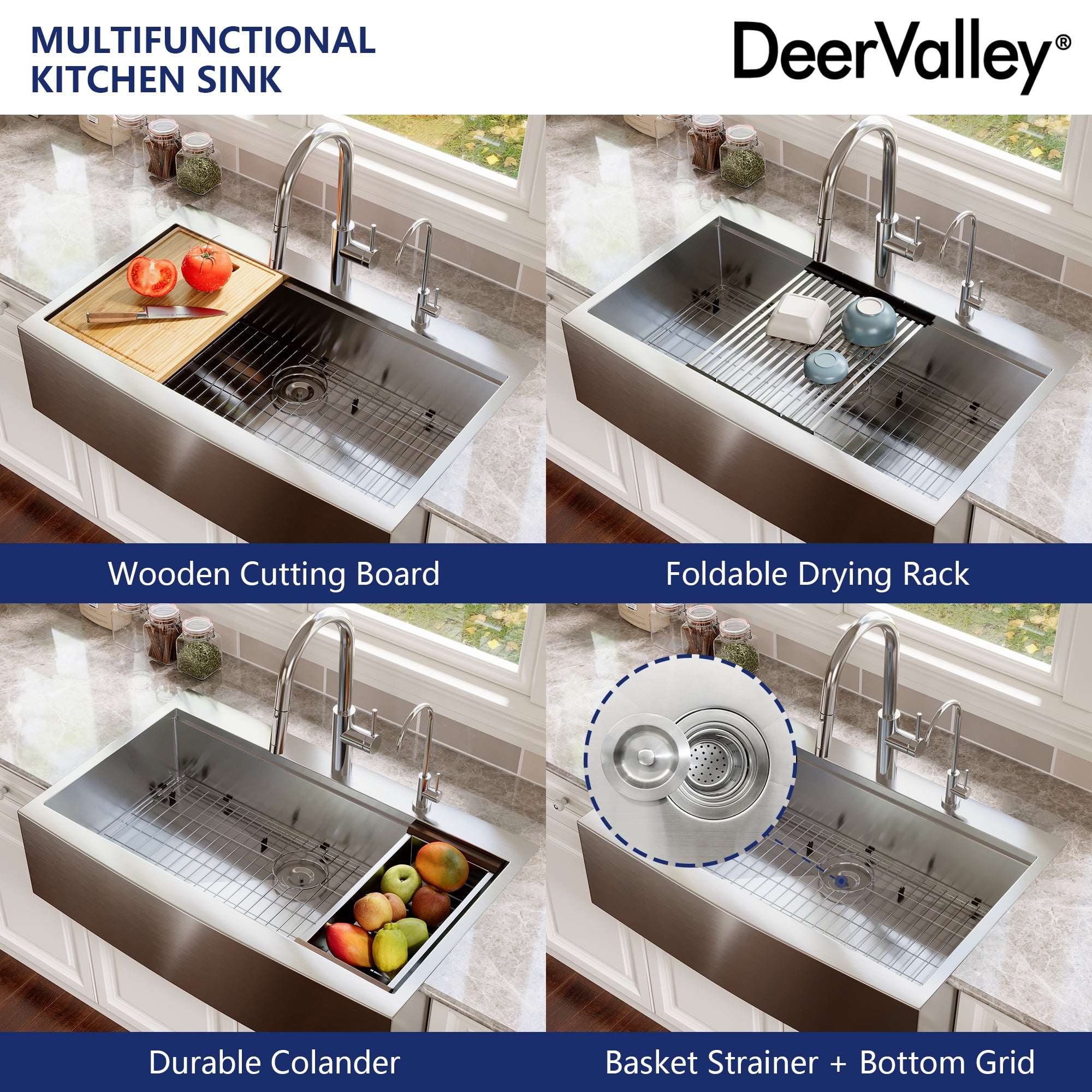 33 in. Rectangular Single Bowl Farmhouse Apron Workstation Kitchen Sink in Silver Grey Stainless Steel with Accessories