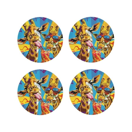 

Drink Coasters Set of 4 Colorful Giraffes with Drinks Leather Coasters for Coffee Table Protector Heat Resistant Cute Coasters for Home Decor Housewarming Gifts Bar Kitchen 4 Inch Round Shape