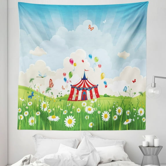 Circus Tapestry, Circus Tent on Grass Field Theme with Flying Butterflies and Camomiles on Ground, Fabric Wall Hanging Decor for Bedroom Living Room Dorm, 5 Sizes, Multicolor, by Ambesonne