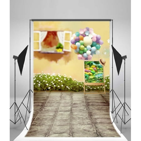 Image of Polyester Fabric 5x7ft Photography Backdrop Retro Painting Easel Hat Florets Colored Balloons Backdrops Children Baby Kids Portrait Shooting Video Studio Props