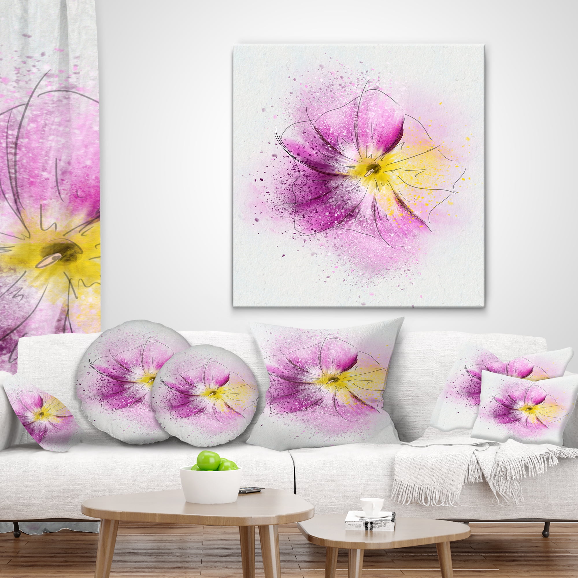 Designart Purple Flower Sketch with Splashes - Floral Throw Pillow - 18x18
