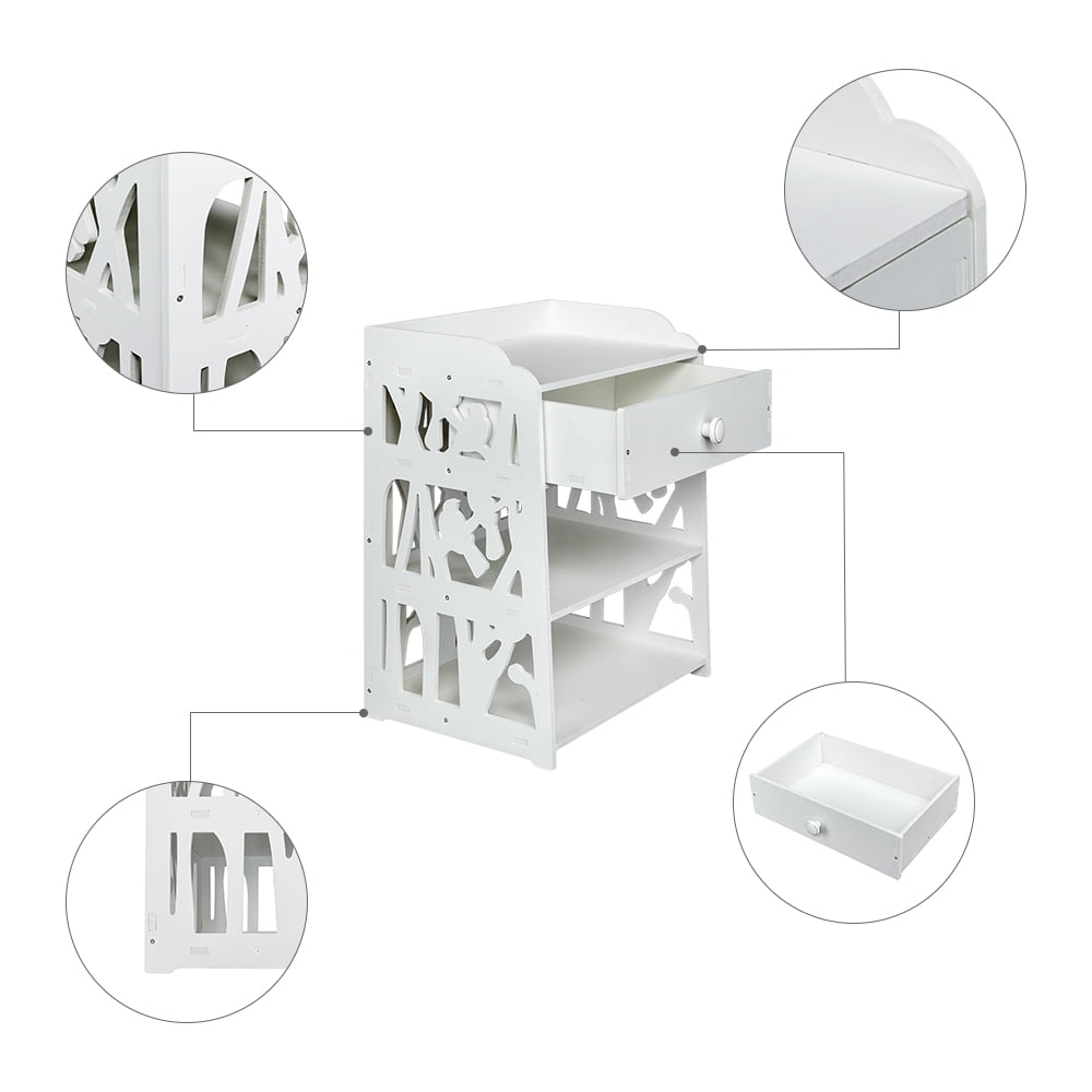 Private Jungle 3 Tier Wooden Bed Side End Table Nightstand Bedroom with Drawer and Storage Shelves,White Private Jungle 3 Tier Wooden Bed Side End Table Nightstand Bedroom with Drawer and Storage Shelves,White