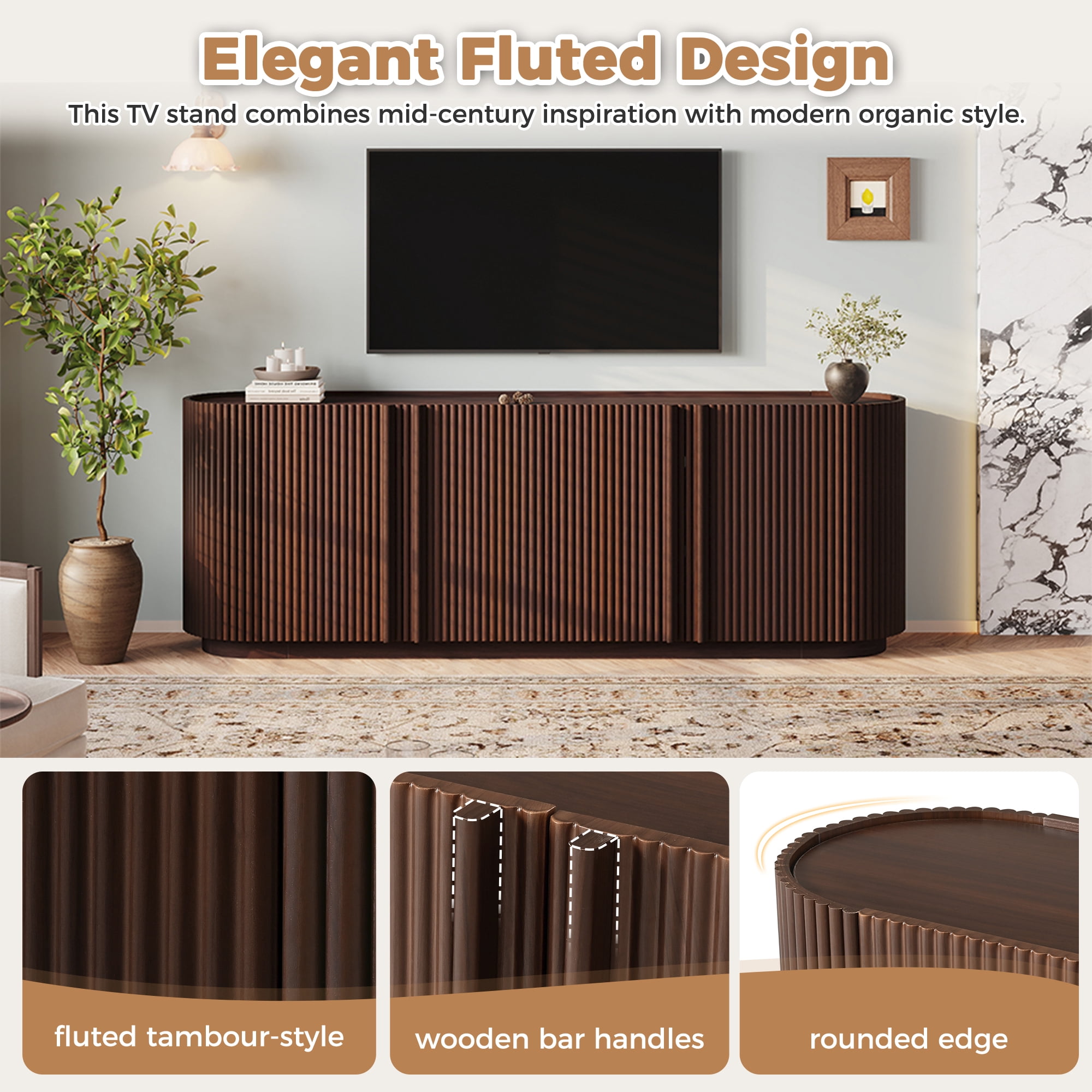 Aukfa Mid Century Modern Fluted TV Stand for TVs up to 70",Entertainment Center,Curved Design,Walnut