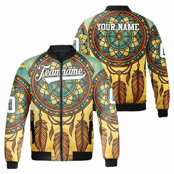 Custom Dreamcatcher Bomber Jacket – Personalized Tribal Boho Style Zip-Up Coat for Men and Women – American Tribal Inspired Graphic Outerwear