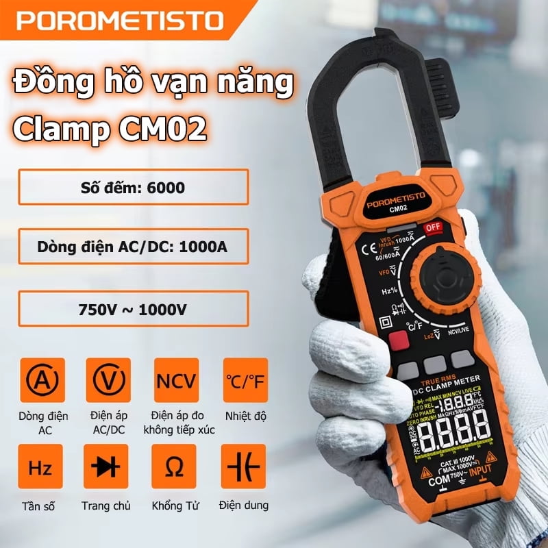 POROMETISTO-CM02 Digital Clamp Meter, 6000 Counts, Smart Measurement,True RMS,  Auto-Ranging Voltmeter, Non-Contact Voltage Detection, Measures AC/DC Volatge Live Wire