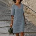 thumbnail image 3 of Womens Stylish V-Neck Vintage Solid Color Loose Casual Dress with Short Sleeves, 3 of 10