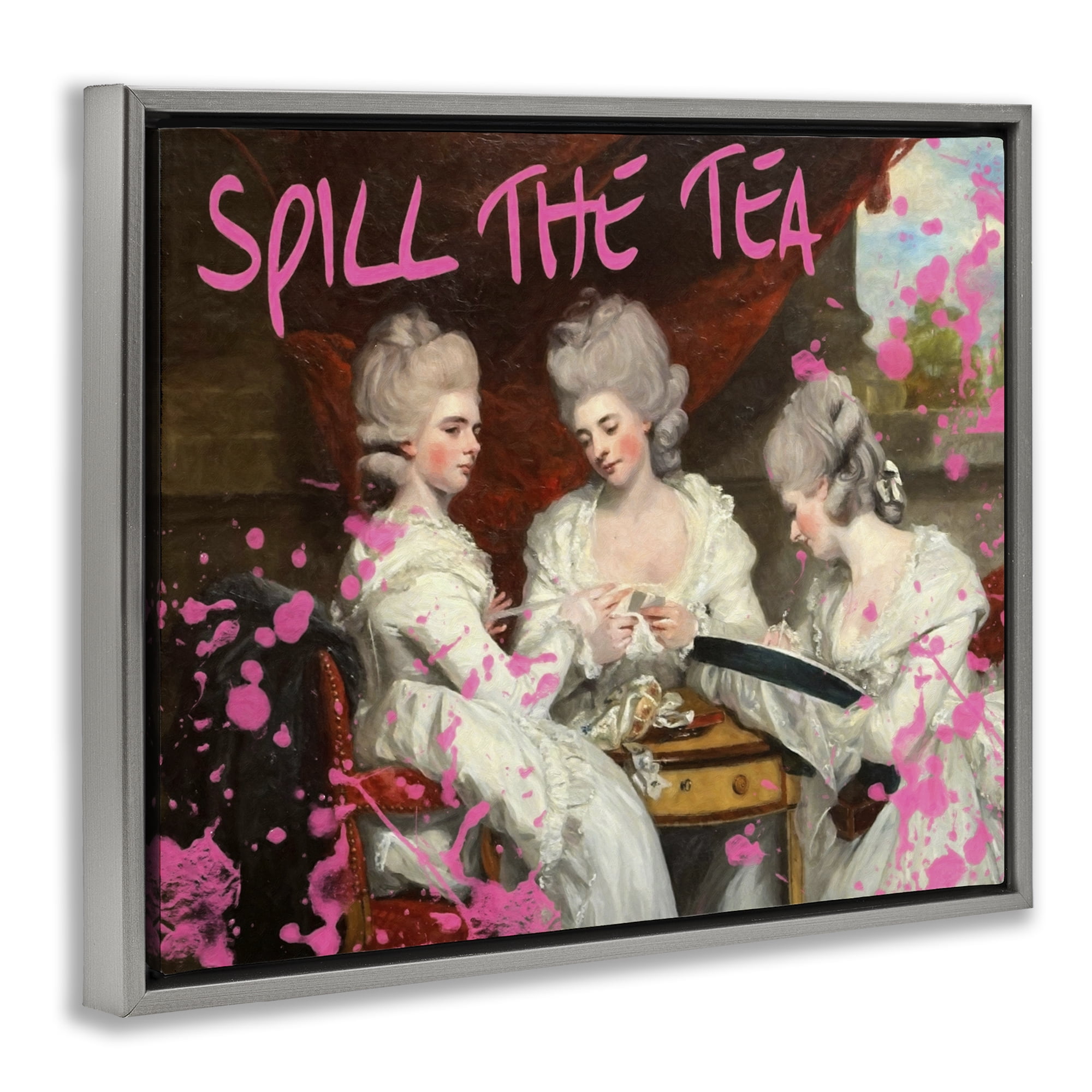 Stupell Industries Spill The Tea Iconic Ladies Gray Framed Floater Canvas Wall Art, design by Grotto Studios