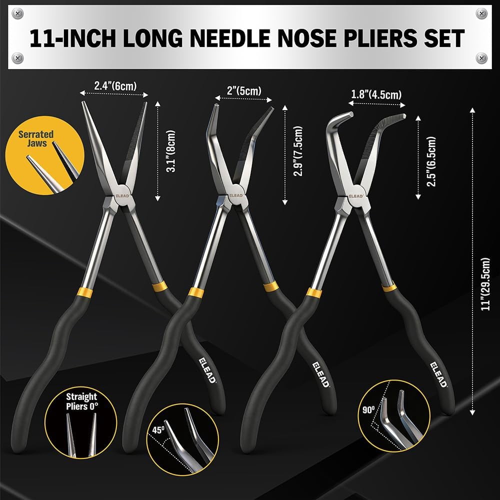 5-Piece 11 Inch Long Needle Nose Set with 4 Magnetic Plier Racks, Extra Long Reach Set, 45° & 90° Bent Needle Nose , Circle Nose and Diagonal for Tight Spaces