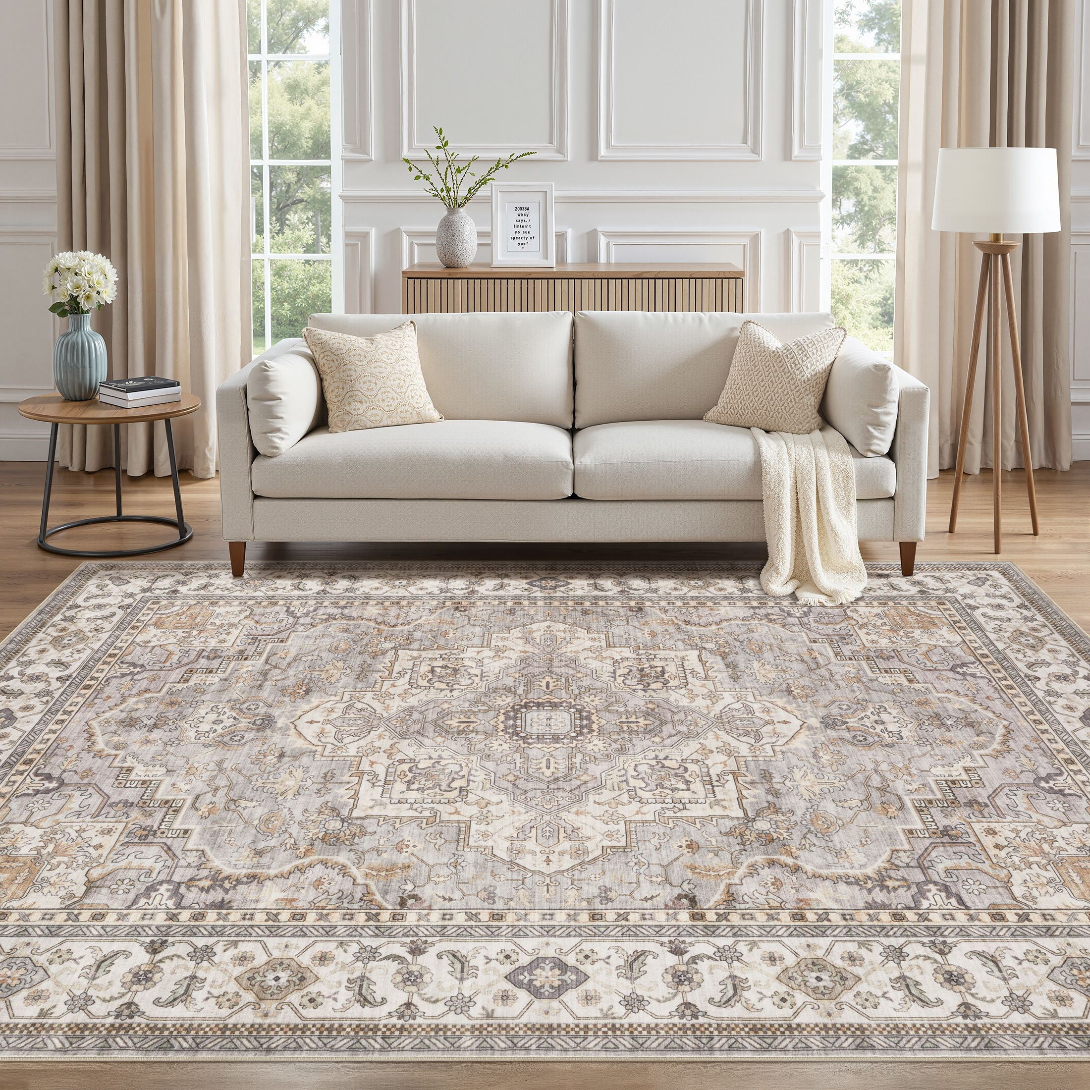 UERMEI 10'x14' Washable Area Rugs for Living Room, Vintage Floral Boho Printed Carpet, Non Slip Indoor Large Rugs for Bedroom Home Decor Carpets, Beige Gray