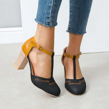 

Summer Saving Clearance! Tuobarr Block Heels Women s Large Size Summer Breathable Single Shoe Hollowed Out Chunky Heel Heeled Sandals Black US Size 7.5
