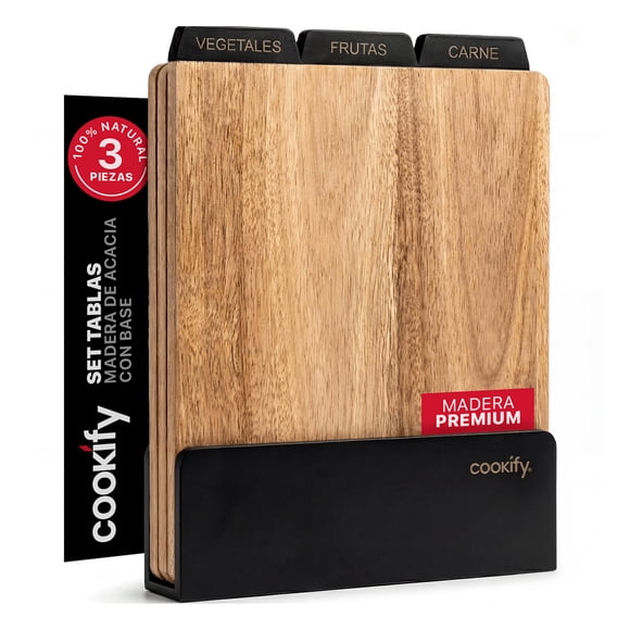 Set Tablas Para Cortar de Madera de Acacia Premium Cookify Con Base Organizadora Y Pestañas Identificadoras, Juego 4 Pzas