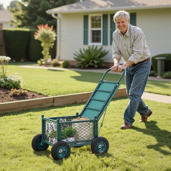 Rolling Garden Cart with Seat - 3 IN 1 Multifunctional Design, Heavy Duty Metal Gardening Cart Scooter for Lawn,  & Backyard