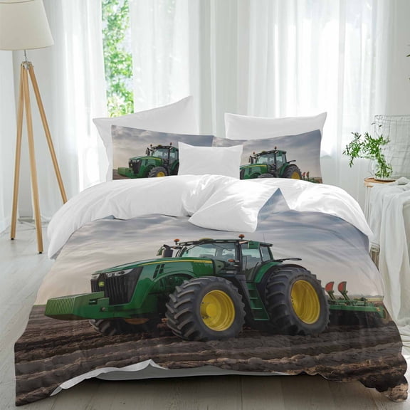 3 Piece Farm Tractor Duvet Cover Set Twin Size,Microfiber Comforter/Quilt Cover with Corner Ties and 2 Pillowcases,Green Truck Country Rustic Field Harvester All Season Bedding with Zipper Closure