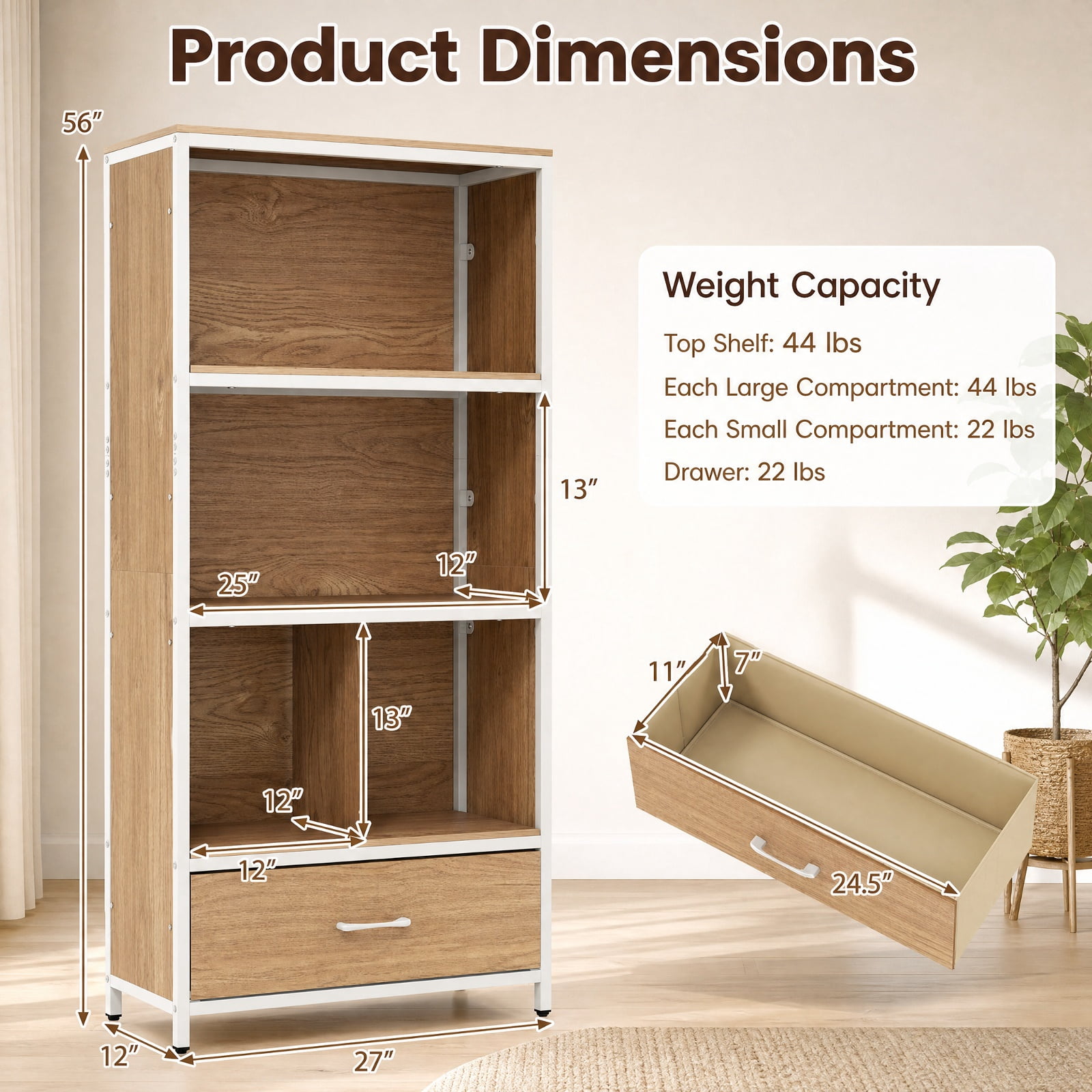 Furnibear 56" Tall Freestanding Bookcase with Drawer 5 Tier for Living Room Home Office Bedroom Display Storage Shelf, Natural