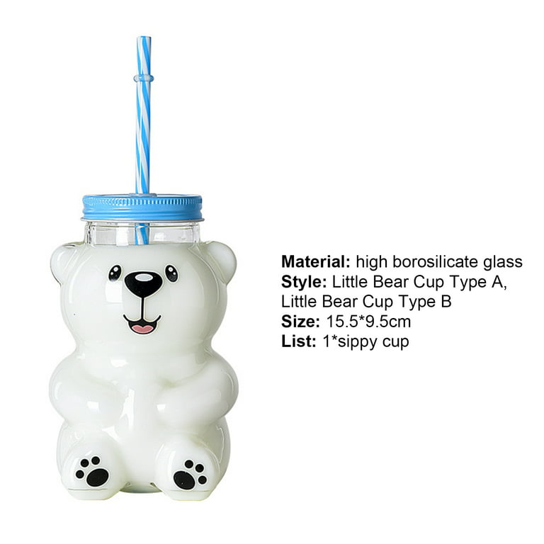 Cute Kawaii Bear Cartoon Water Glass Cup with Straw & Lid - Peachymart